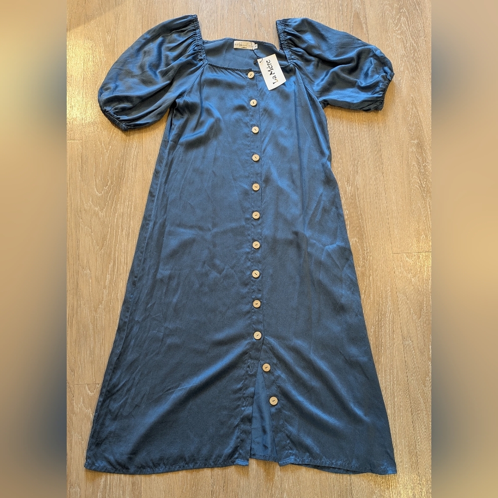Blue Silk Button-Down Midi Dress